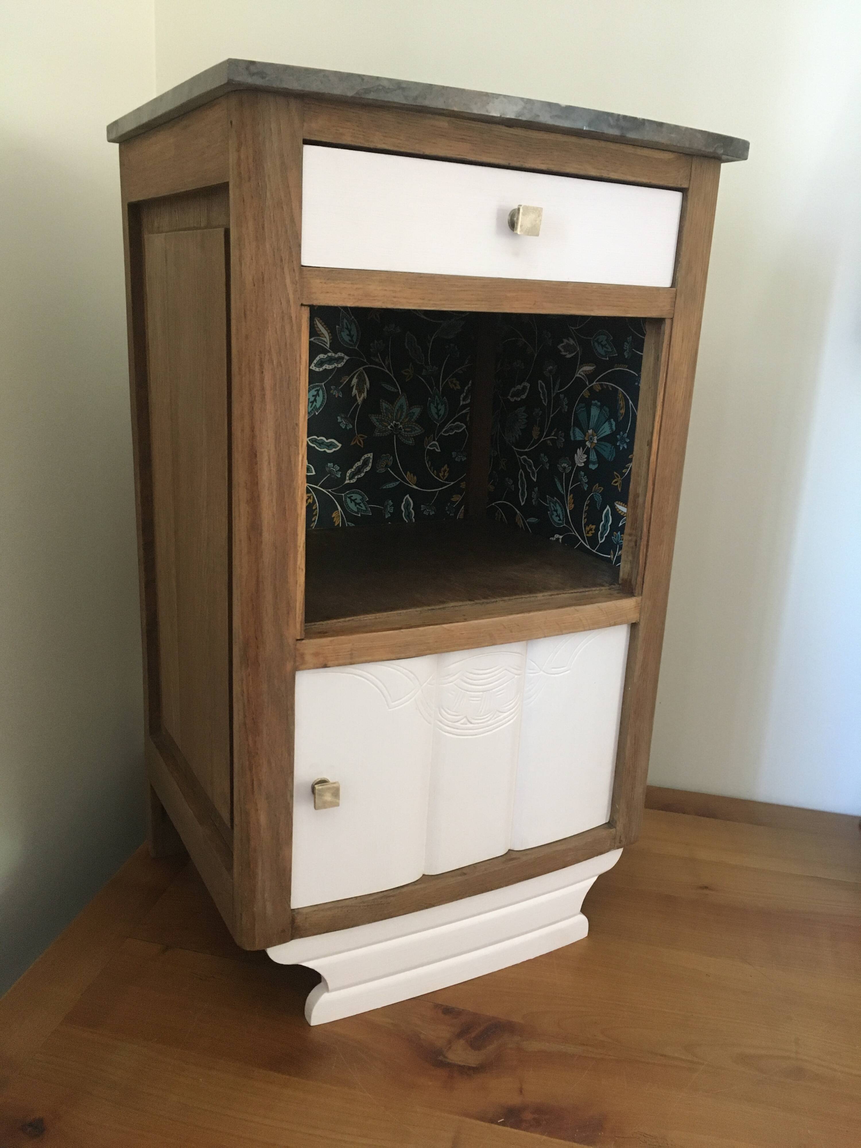 Oak and marble bedside table