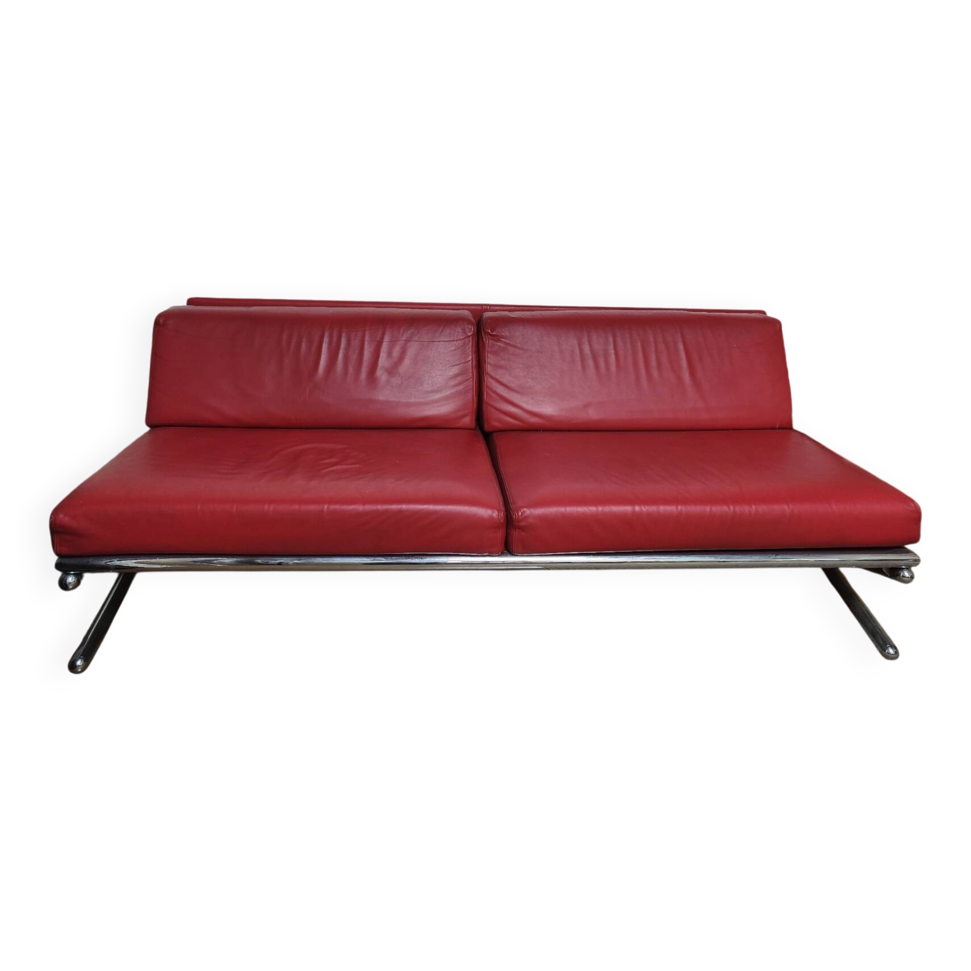 Large vintage red leather three-seater sofa – circa 1960 – structure e