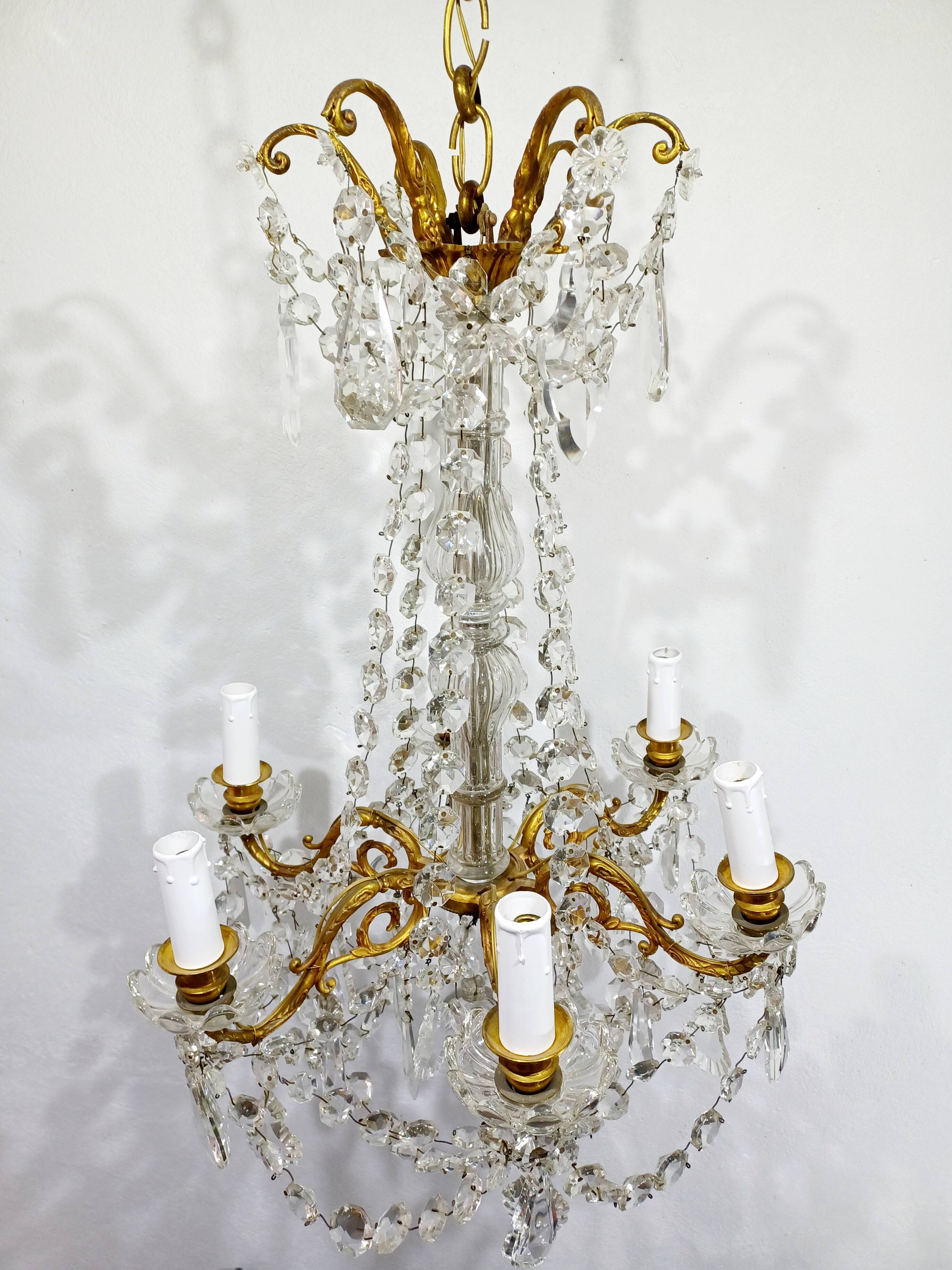 6 Light Bronze And Crystal Chandelier