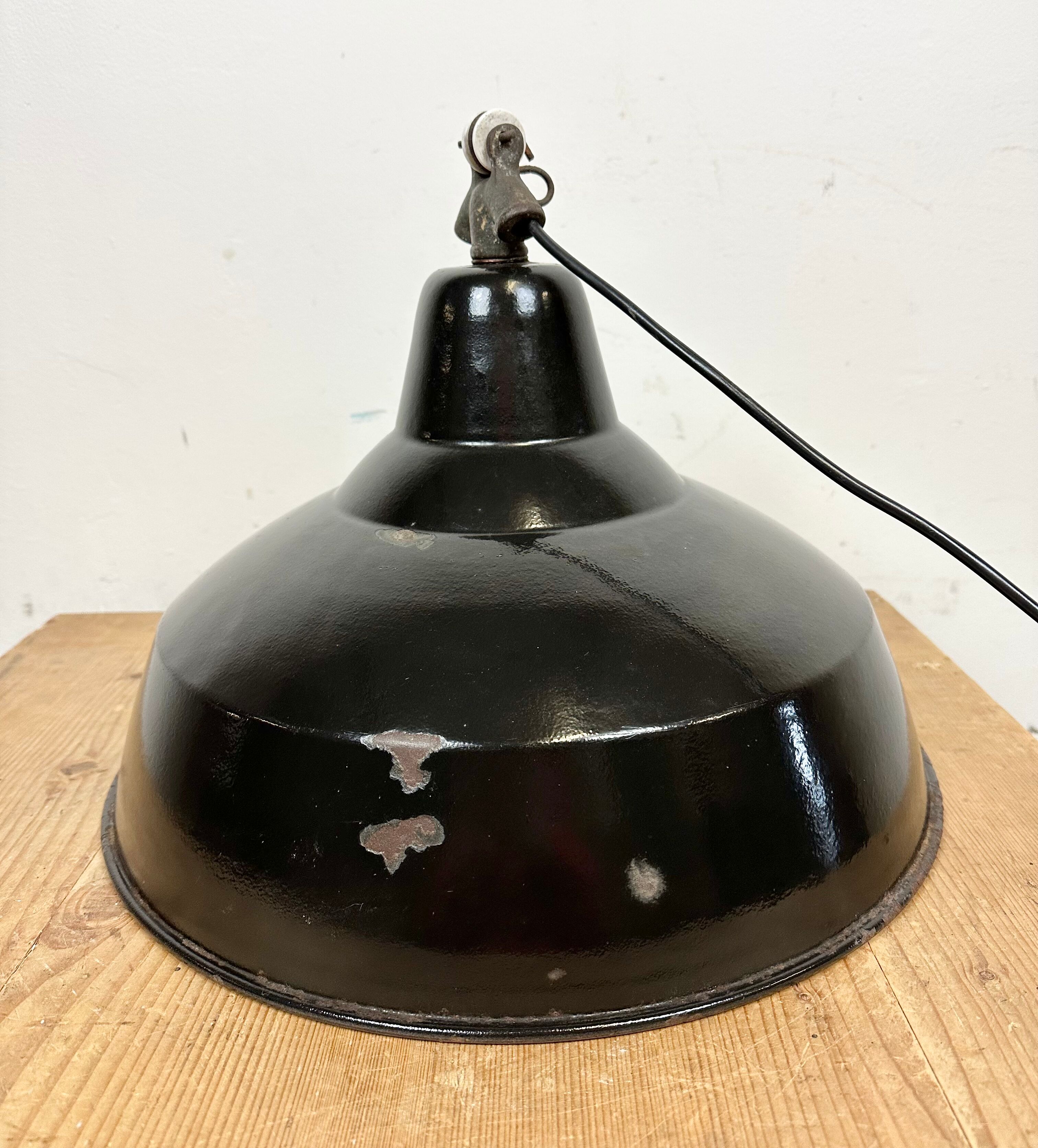 Industrial Black Enamel Factory Lamp with Cast Iron Top, 1950s