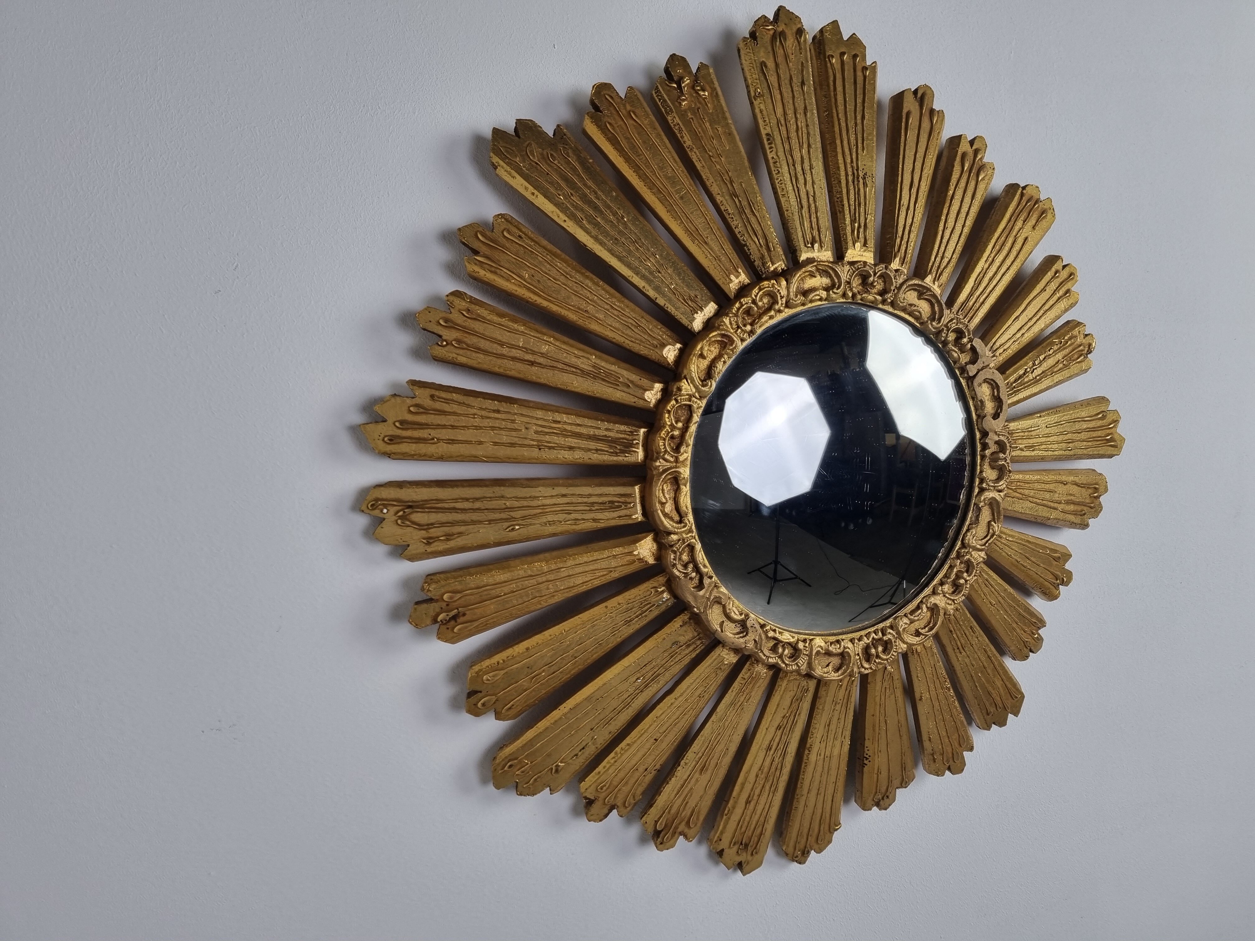 Large vintage golden sunburst mirror 1960s 63cm