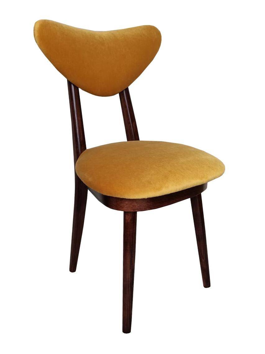 Yellow velvet heart-shaped chair, walnut wood, mid-century, Poland, 1960s.