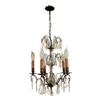 French Vintage 5 Light Brass Glass And Crystal Tiered Chandelier 4538