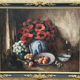 Tableau grand format. "Nature morte aux coquelicots".