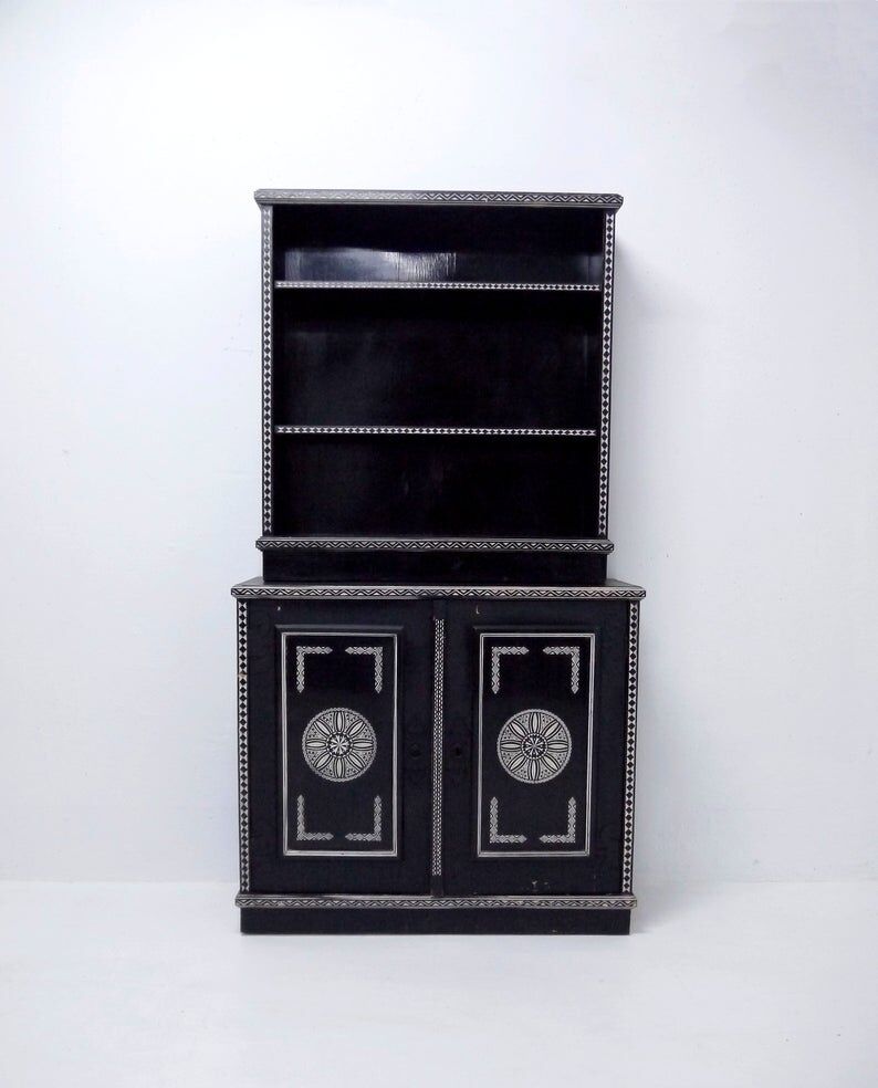Antique wooden cabinet painted in black and with incised white painted decorations, Ettore Zaccari, Italy c 1910
