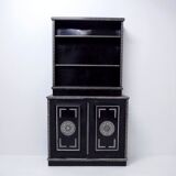 Antique wooden cabinet painted in black and with incised white painted decorations, Ettore Zaccari, Italy c 1910
