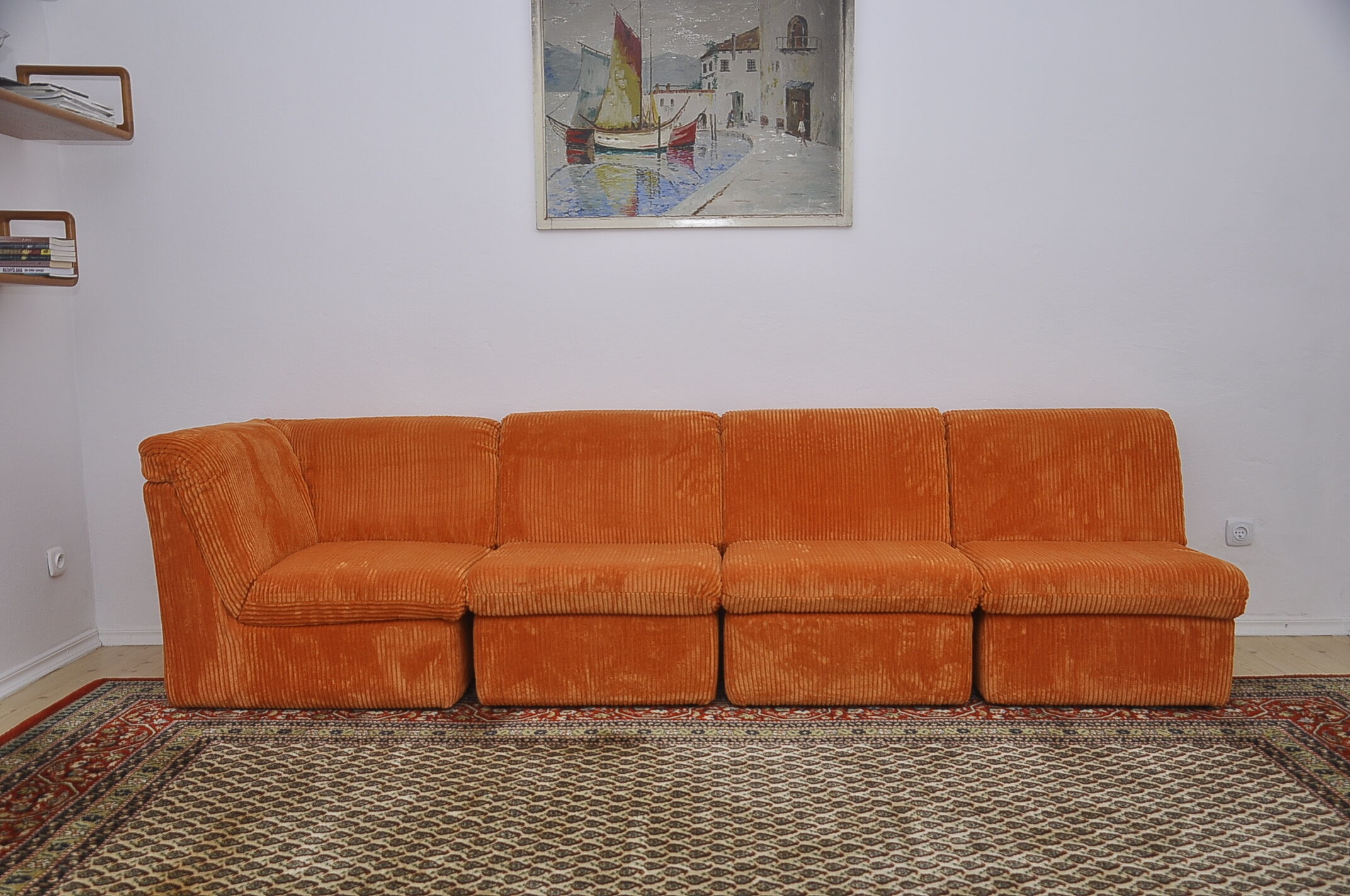 Canapé modulaire en velours côtelé orange des années 70, 4 pièces