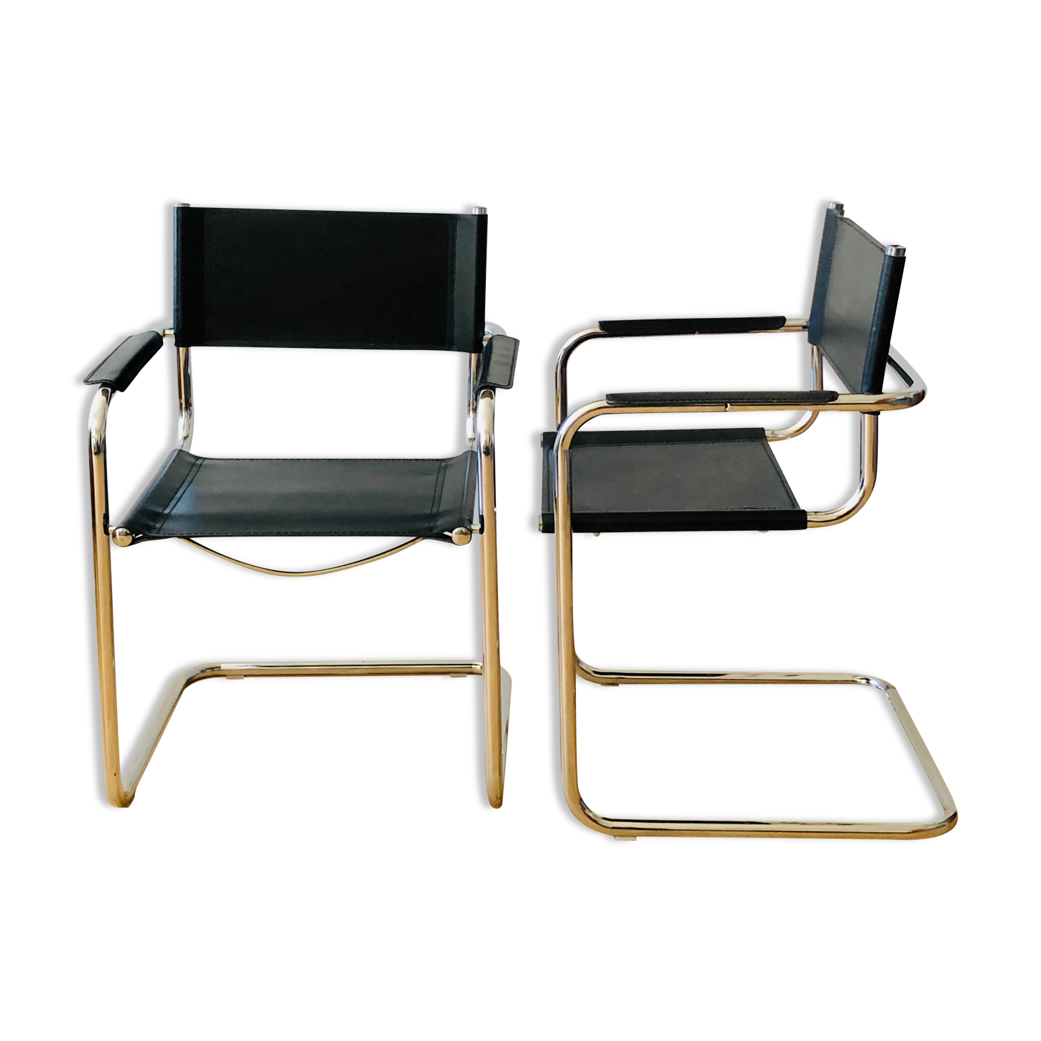 Pair of tubular armchairs in metal and leather Style Marcel Breuer