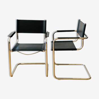 Pair of tubular armchairs in metal and leather Style Marcel Breuer