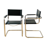 Pair of tubular armchairs in metal and leather Style Marcel Breuer