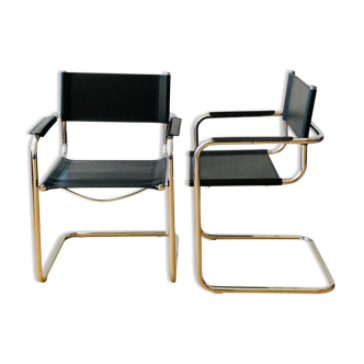Pair of tubular armchairs in metal and leather Style Marcel Breuer