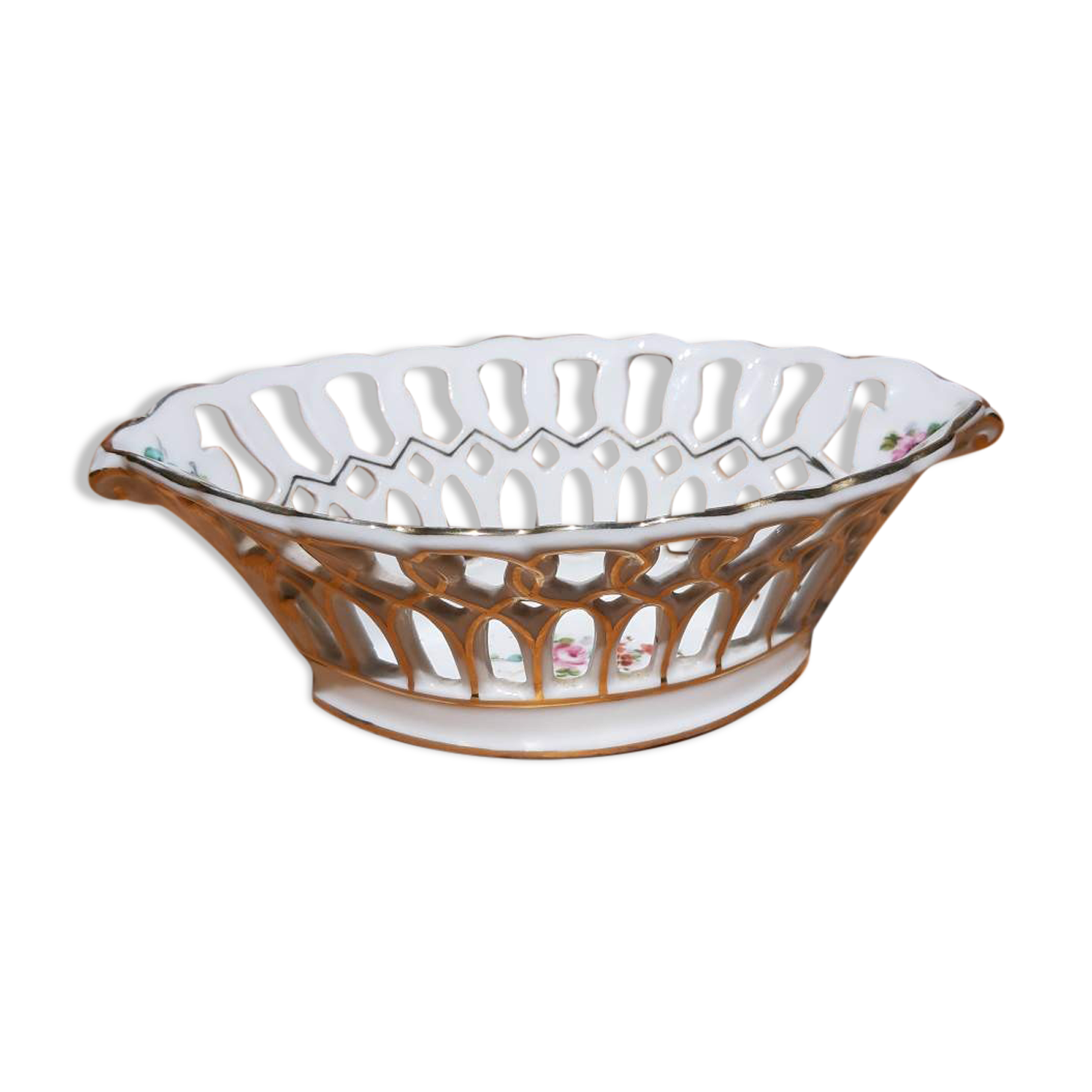 open porcelain basket fruit cup floral pattern