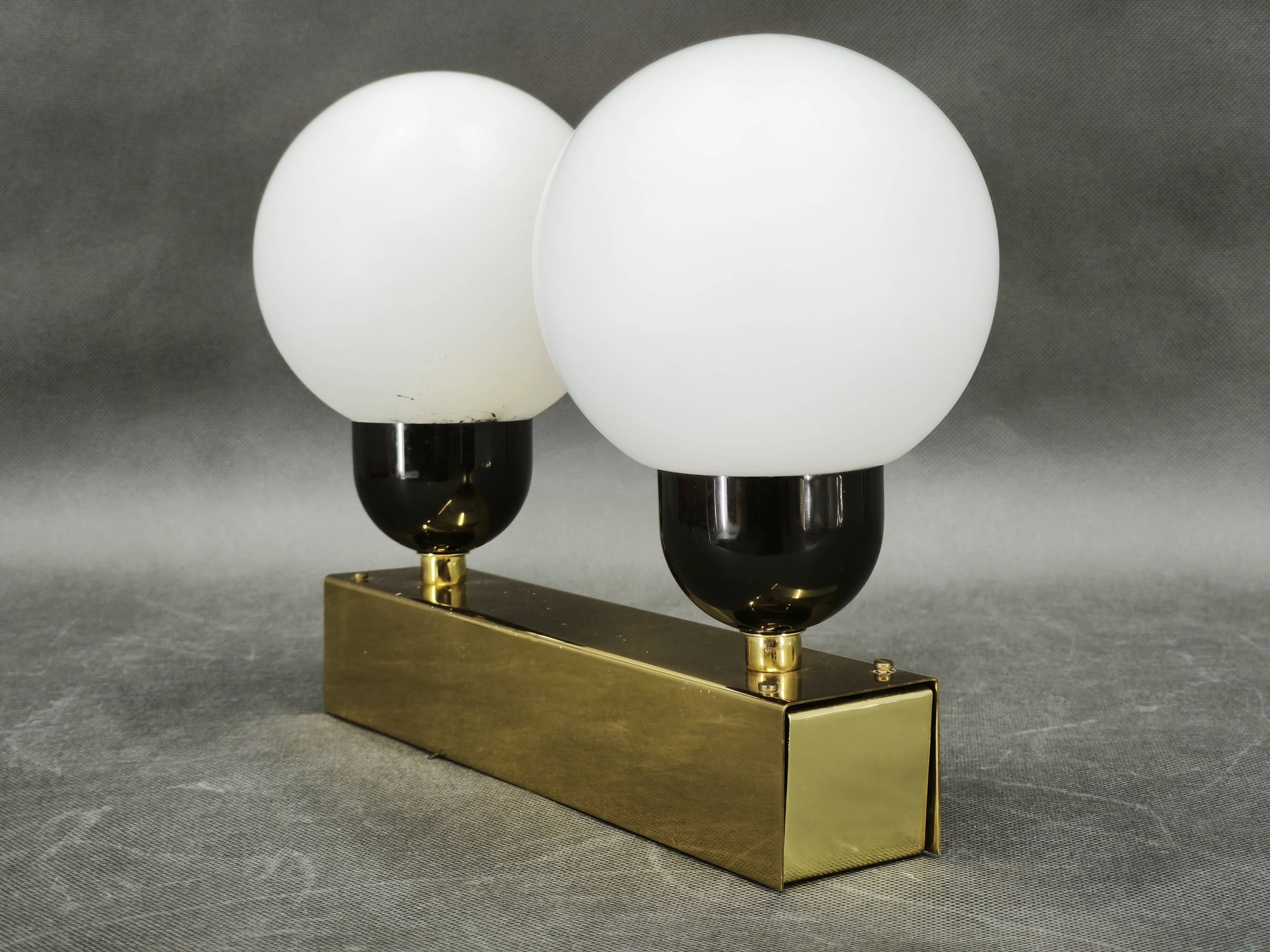 Kamenický Šenov Brass Double Globe Wall Light, Czechoslovakia, 1970s