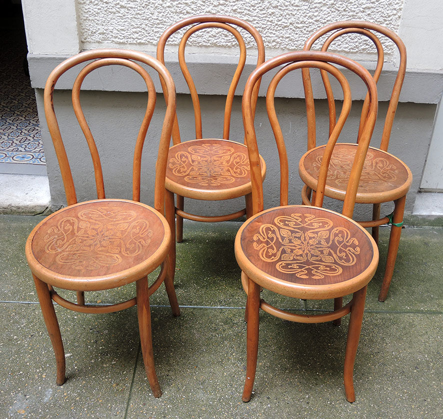 4 old fischel bentwood chairs and pyrograved pattern