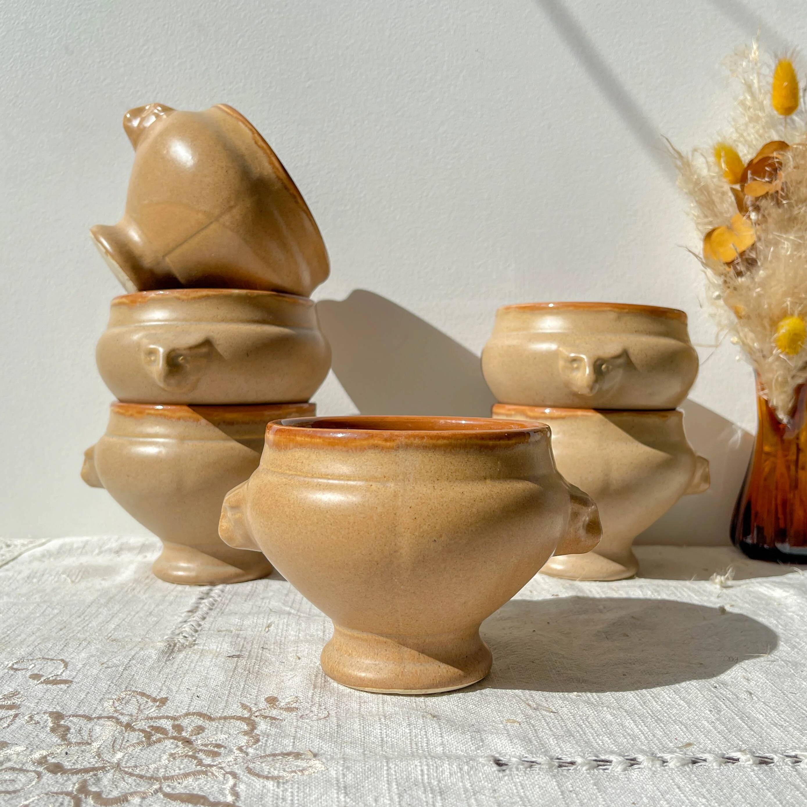 6 vintage Emile Henry ceramic lion head onion soup bowls - beige and honey, made in France