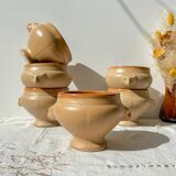6 vintage Emile Henry ceramic lion head onion soup bowls - beige and honey, made in France
