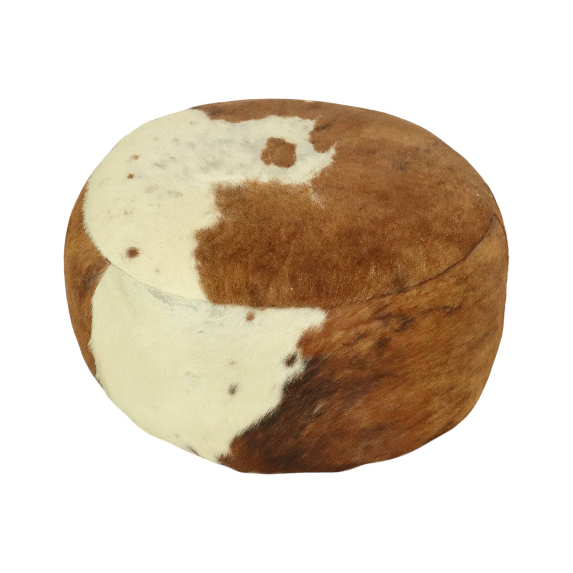 Low Round Vintage Pouf Cowhide Leather Sixties