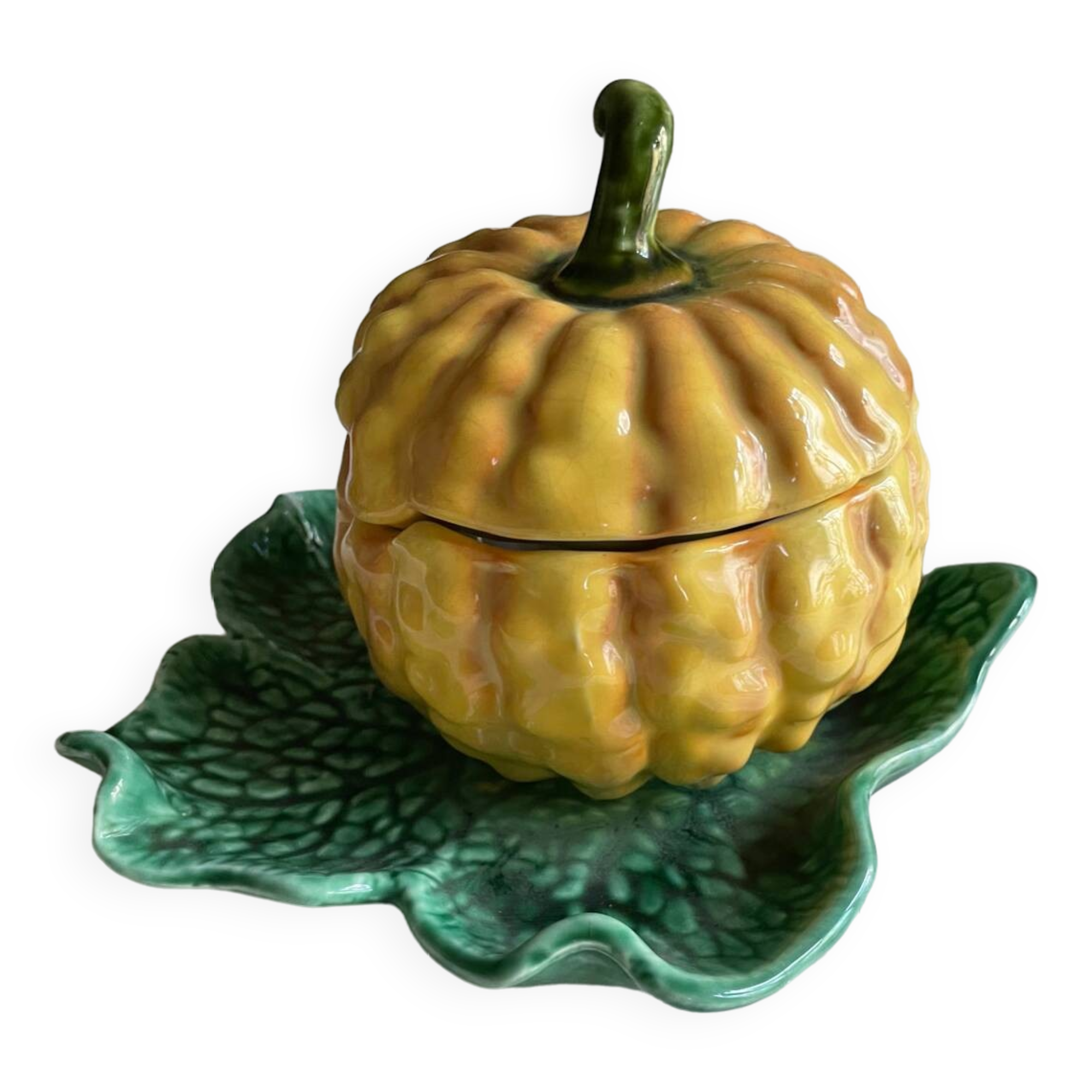 Antique majolica pumpkin jam jar