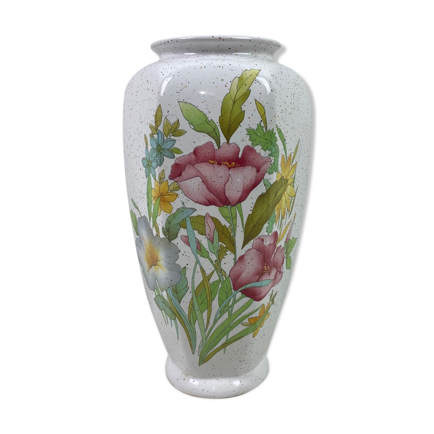 Light grey speckled vase decorated flowers 25cm