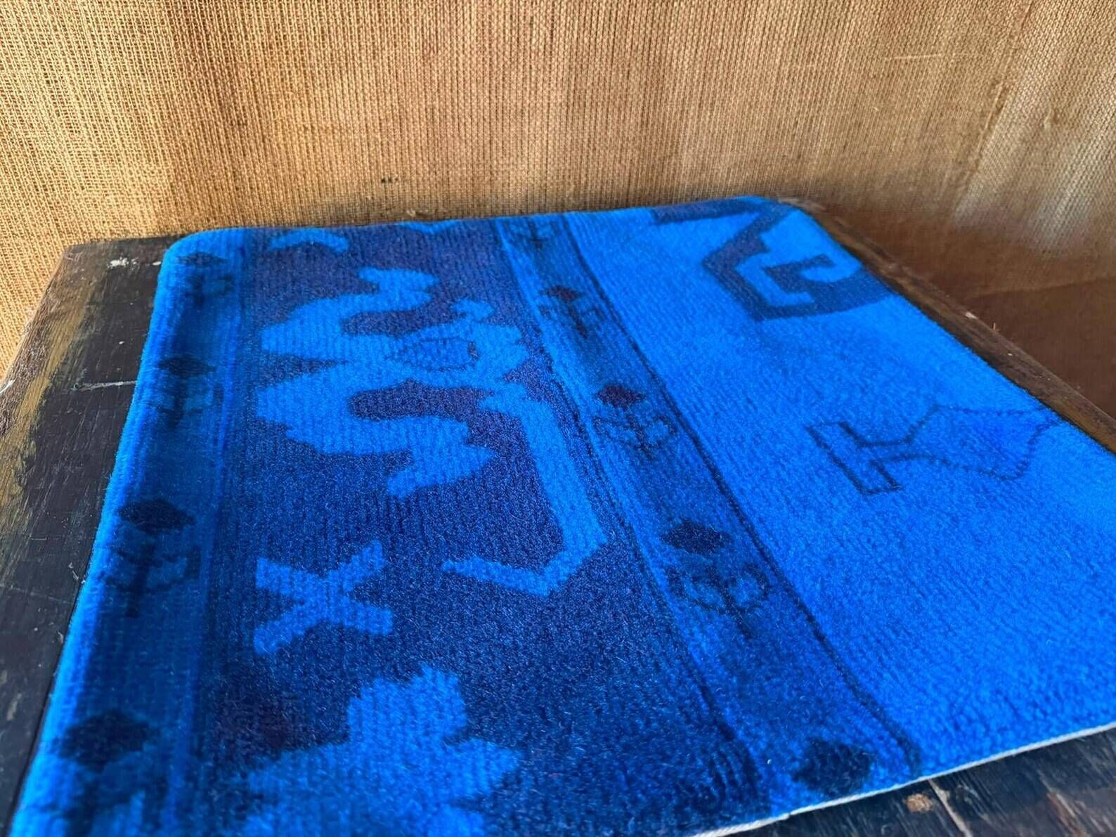 Electric Blue Vintage Turkish Rug Pillow, Hand-Stitched Wool Cushion