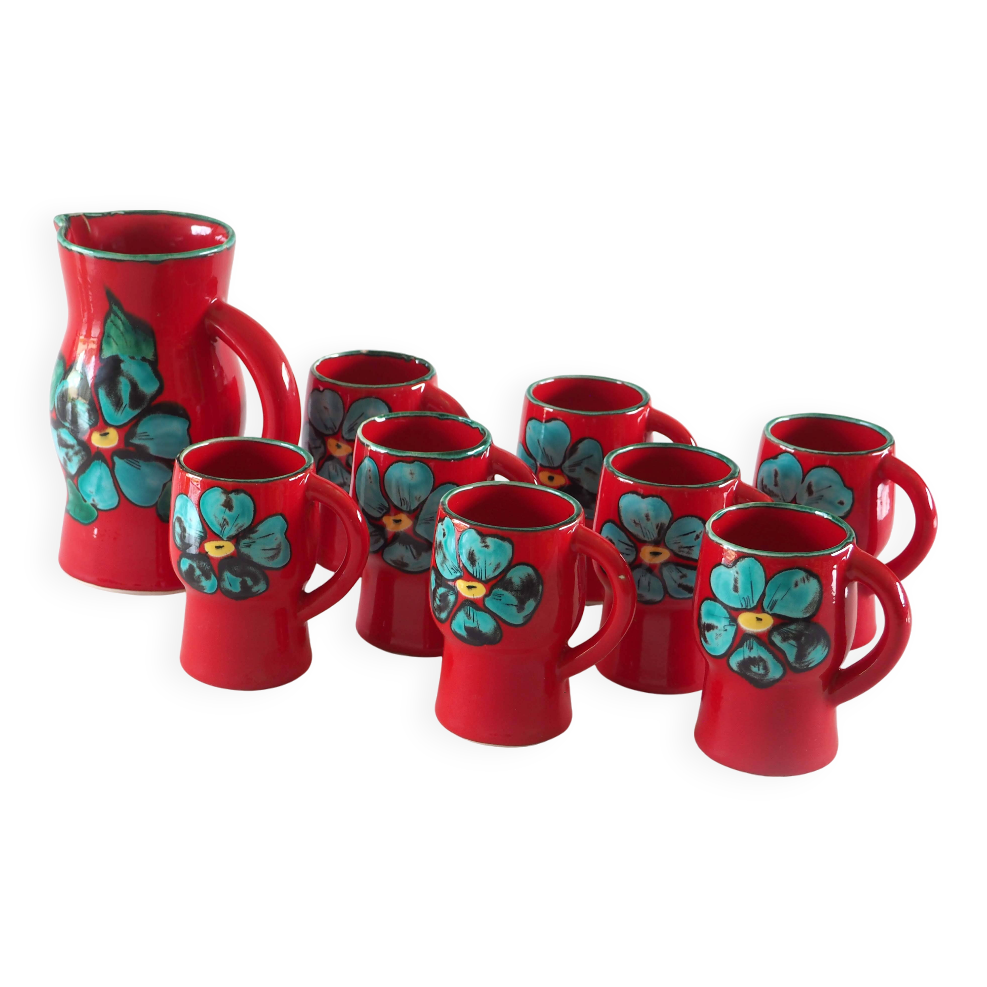 Orangeade or coffee service, pitcher and mugs Poët Laval