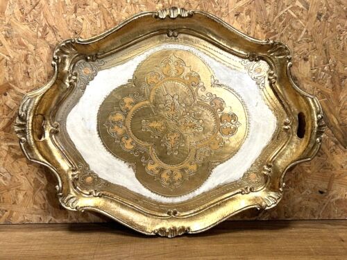 Old florentine tray painted wood, gilded, vintage 60,70