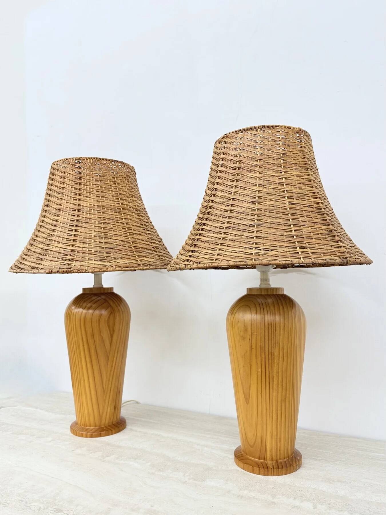 Vintage Ikea solid wooden table lamps with rattan shade, 1980s