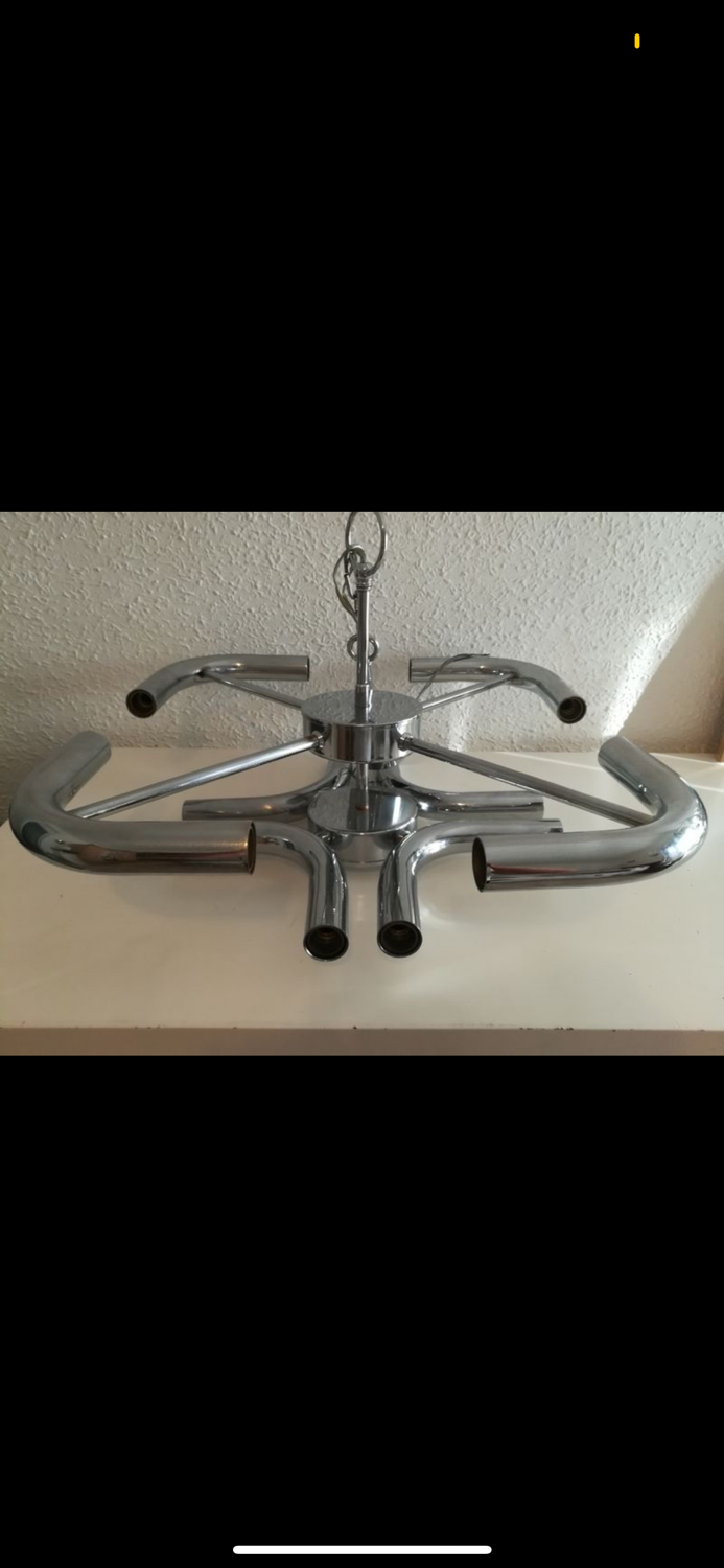 Reggiani chrome multiple light chandelier, Italy 1970