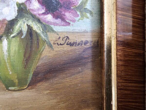 Tableau Huile sur Bois - Bouquet de fleurs polychromes Signé dans cadre mou