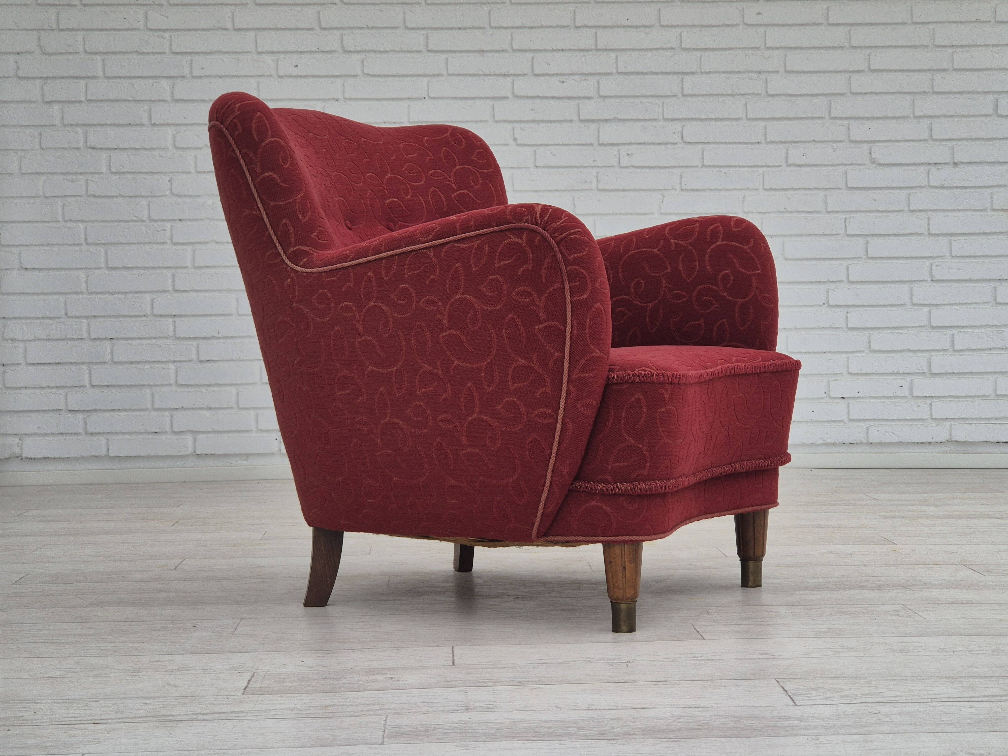 Années 1960, fauteuil relax danois, état d'origine, coton/laine rouge.