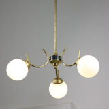 Italian Mid-century Brass and Opaline Glass Chandelier