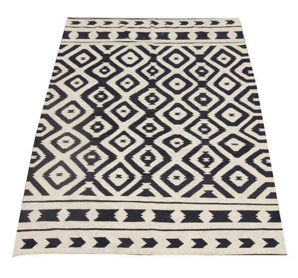 Traditionnel fait à la main Kilim Zone tapis Noir Crème Laine Flatweave tapis- 194x247cm