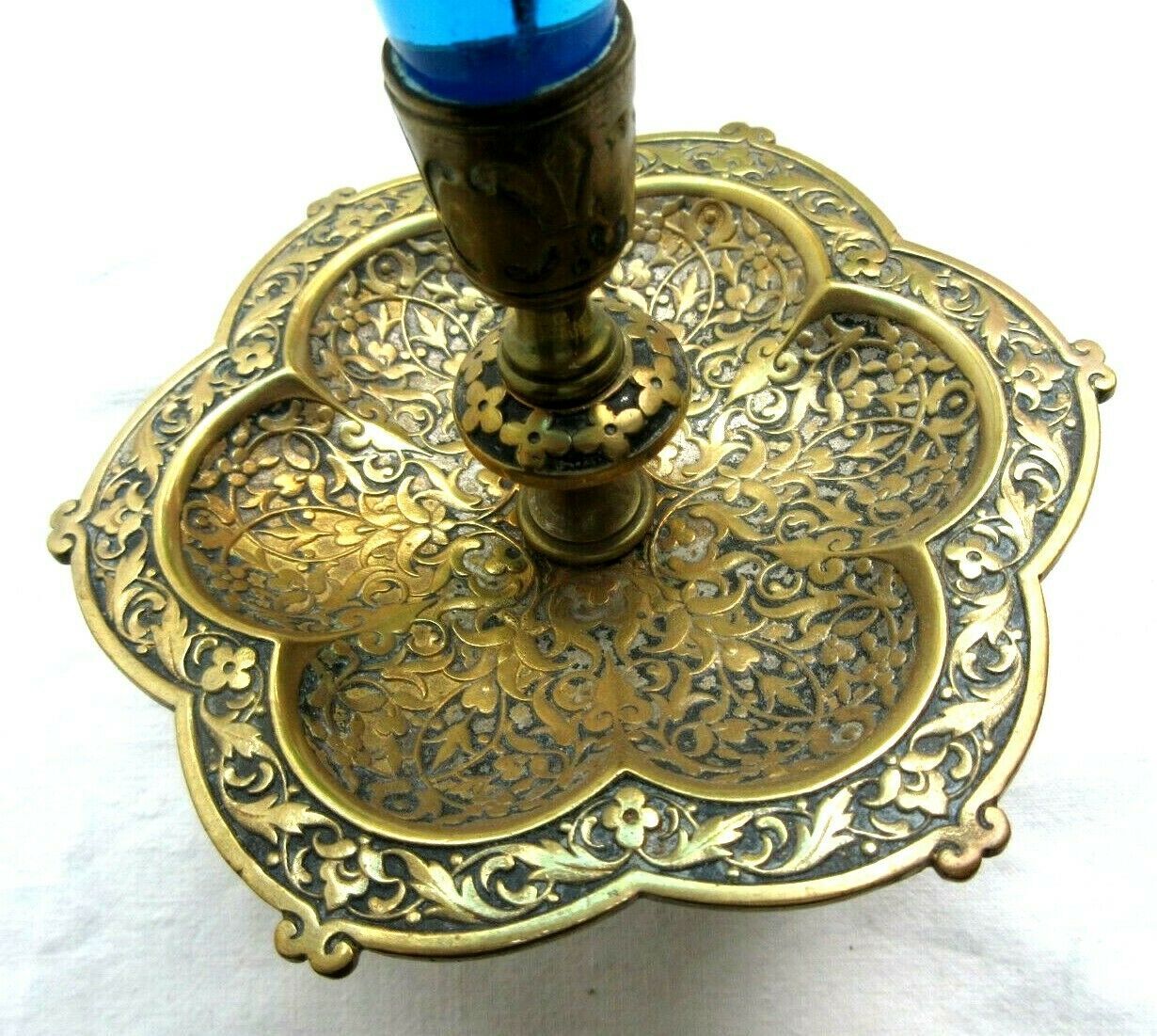 Napoleon III vase conical blue glass on cup and brass foot