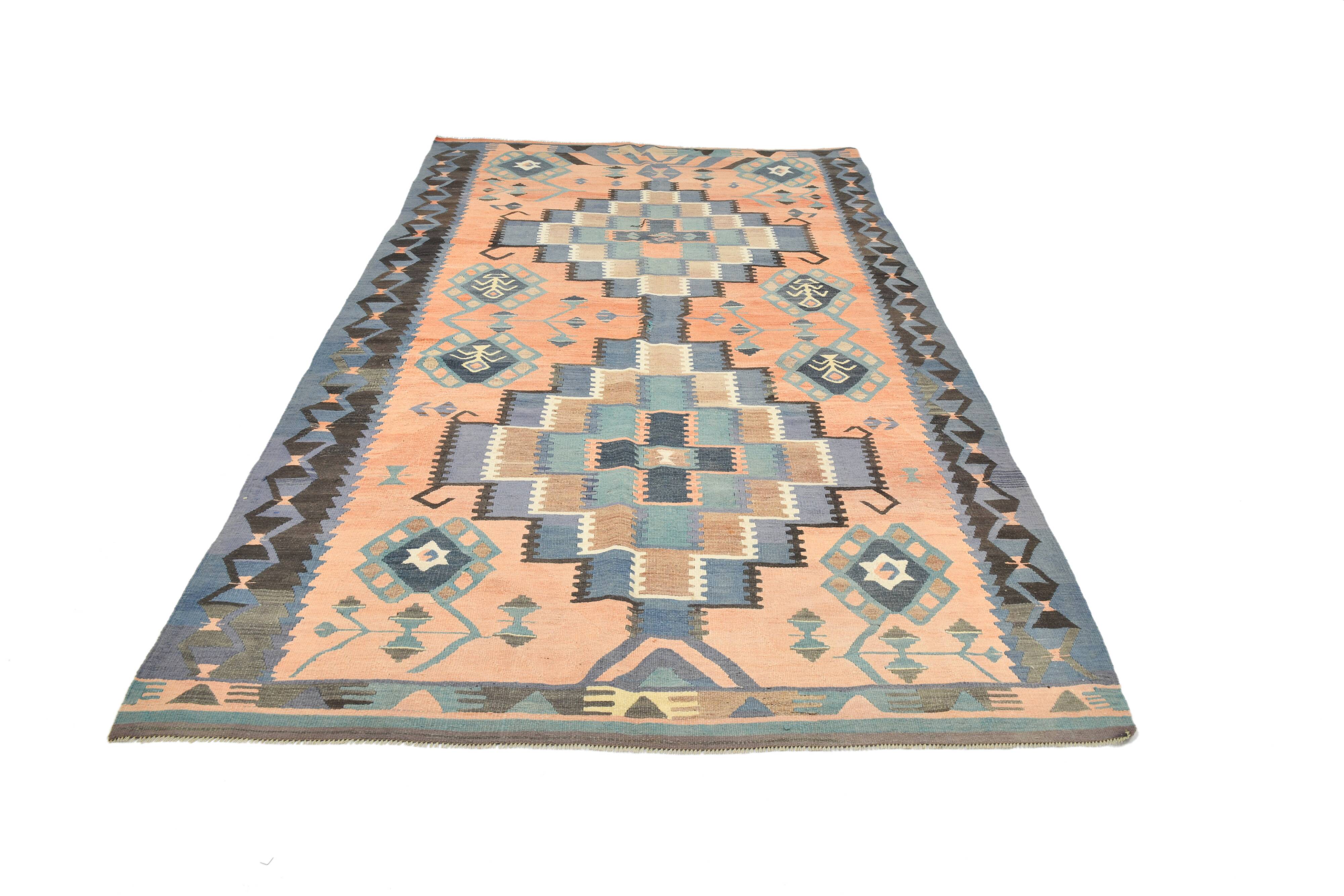Faded Blue & Soft Peach Long Wide Handmade Kilim Rug, 168x296 Cm