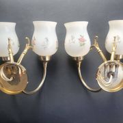Pair of vintage wall sconces in gilded brass and pink opaline glass.