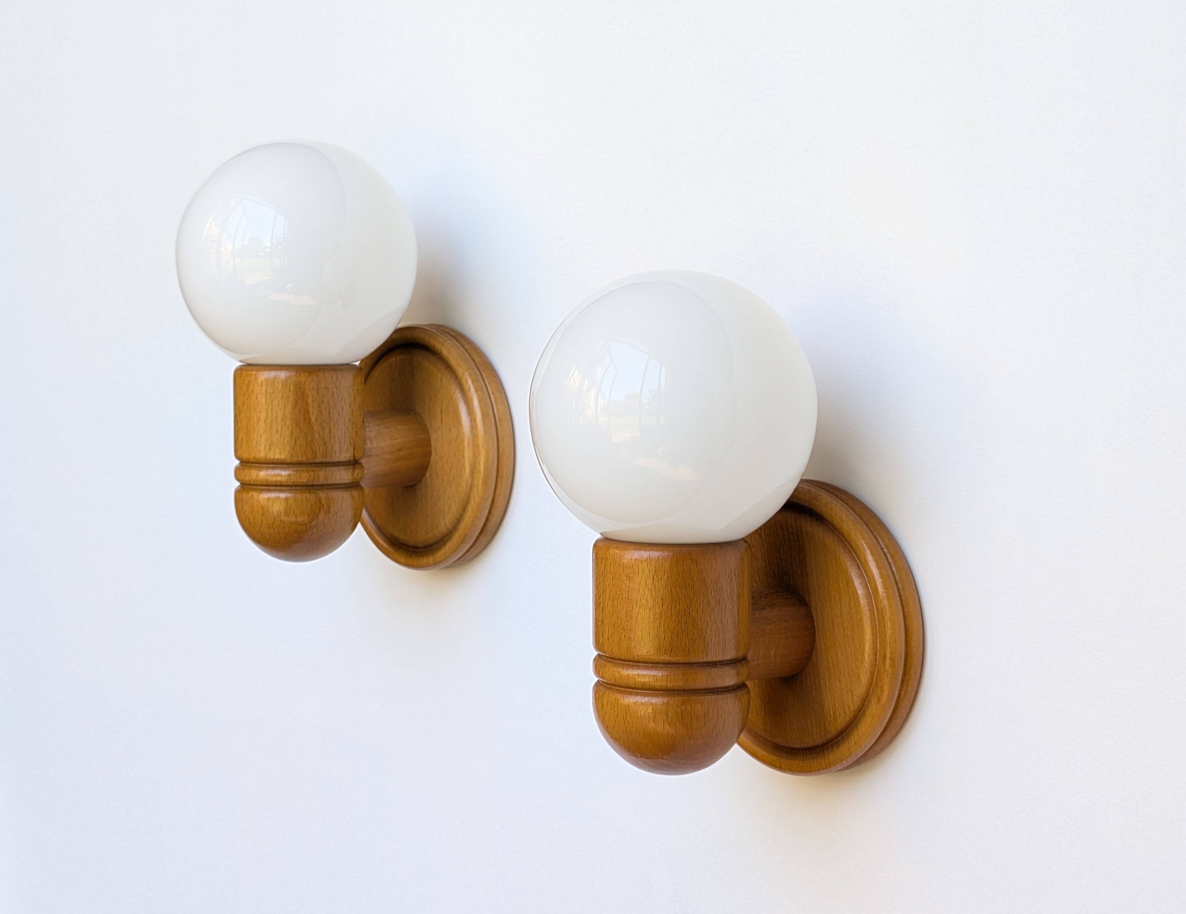Pair of pine and opaline wall lights