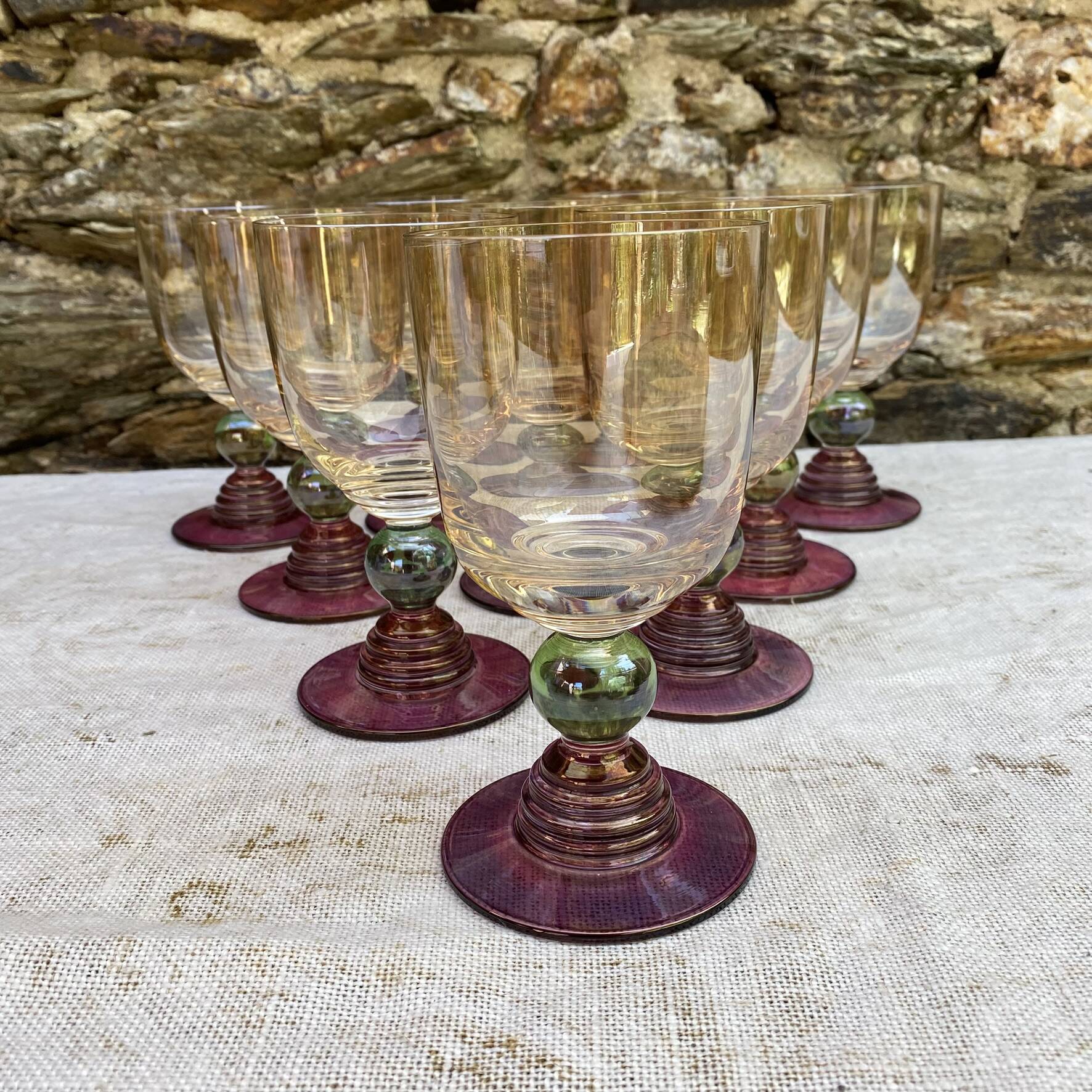 Vintage coloured tinted glass footed glasses