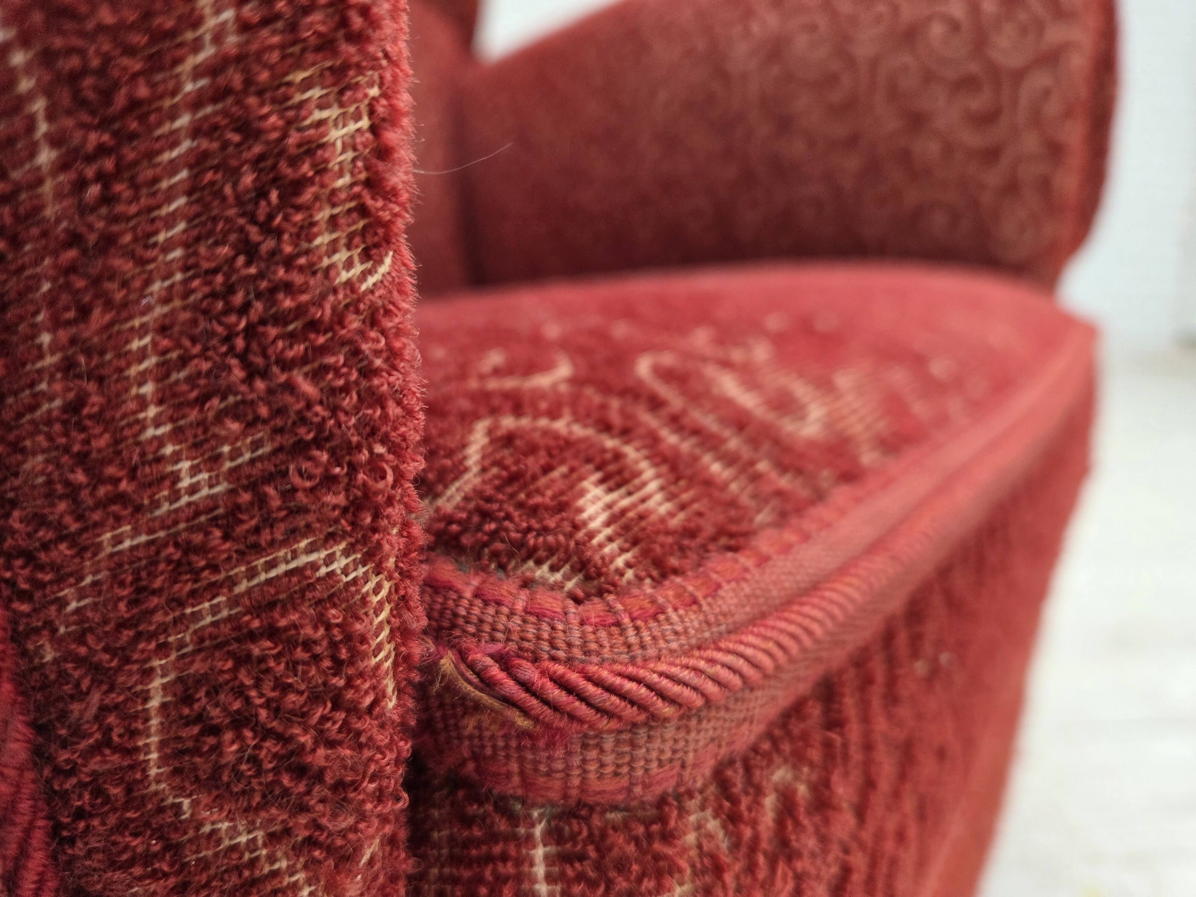 1960s, Danish relax armchair, original red furniture wool, oak wood legs.