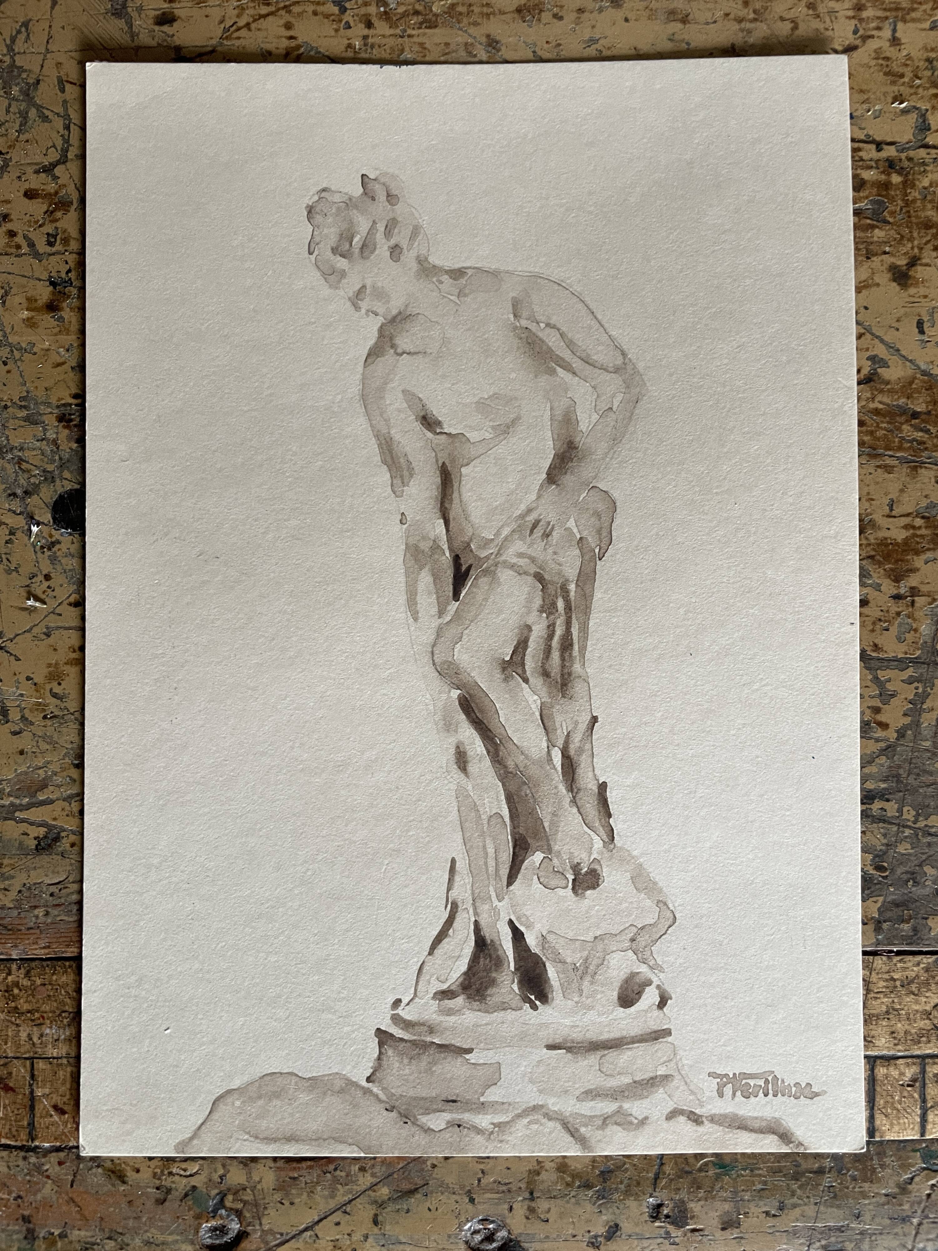 Tableau signé aquarelle monochrome étude dessin statue musée classique « sortie du bain »