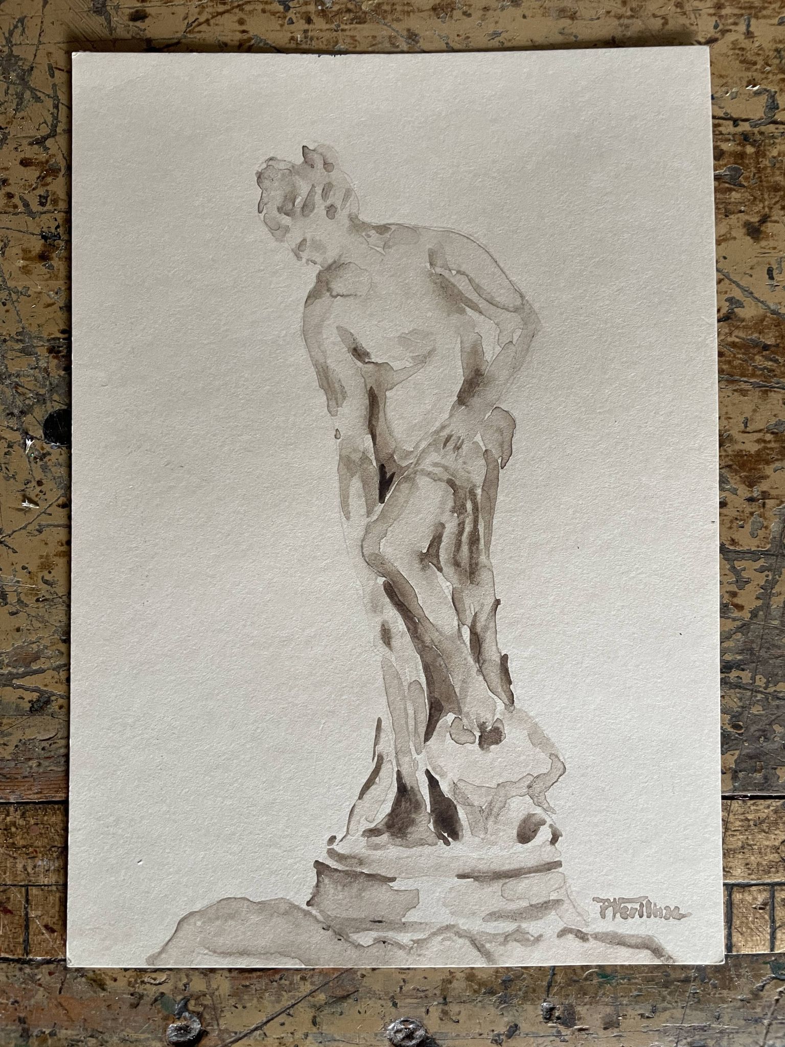Signed painting monochrome watercolor study drawing statue museum classic "coming out of the bath"