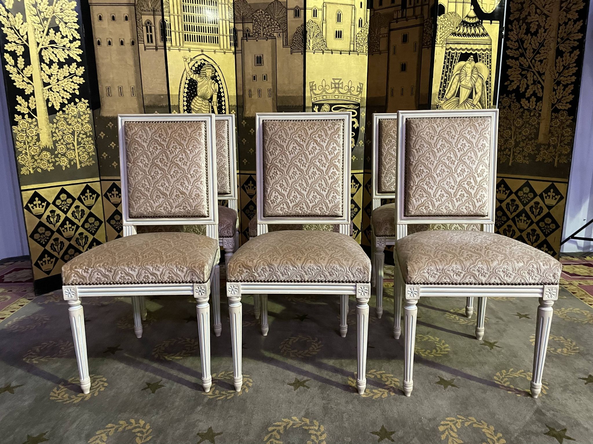 Suite of 6 Louis XVI style chairs in embossed velvet