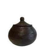 Dark purple wicker and leather round basket