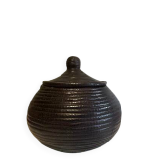 Dark purple wicker and leather round basket