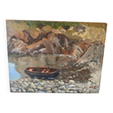 Small painting on masonite representing a fishing boat