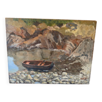 Small painting on masonite representing a fishing boat