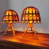 Pair of vintage 70s rattan lamps