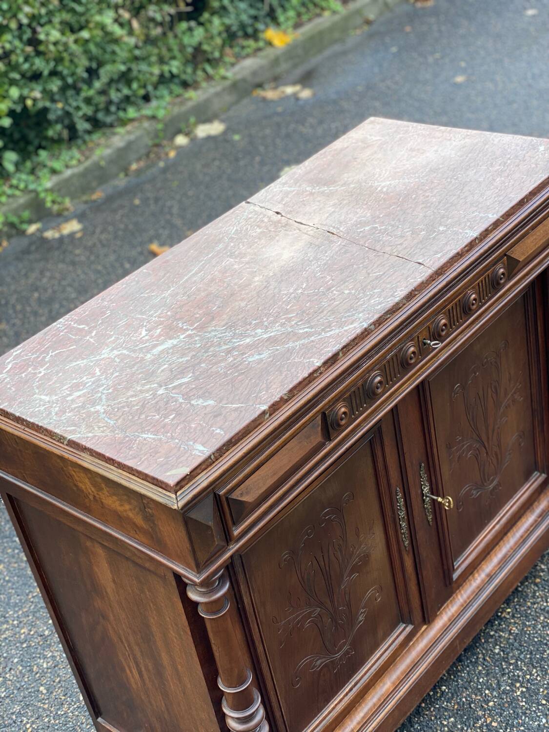 Henri II two-door sideboard in solid wood and marble