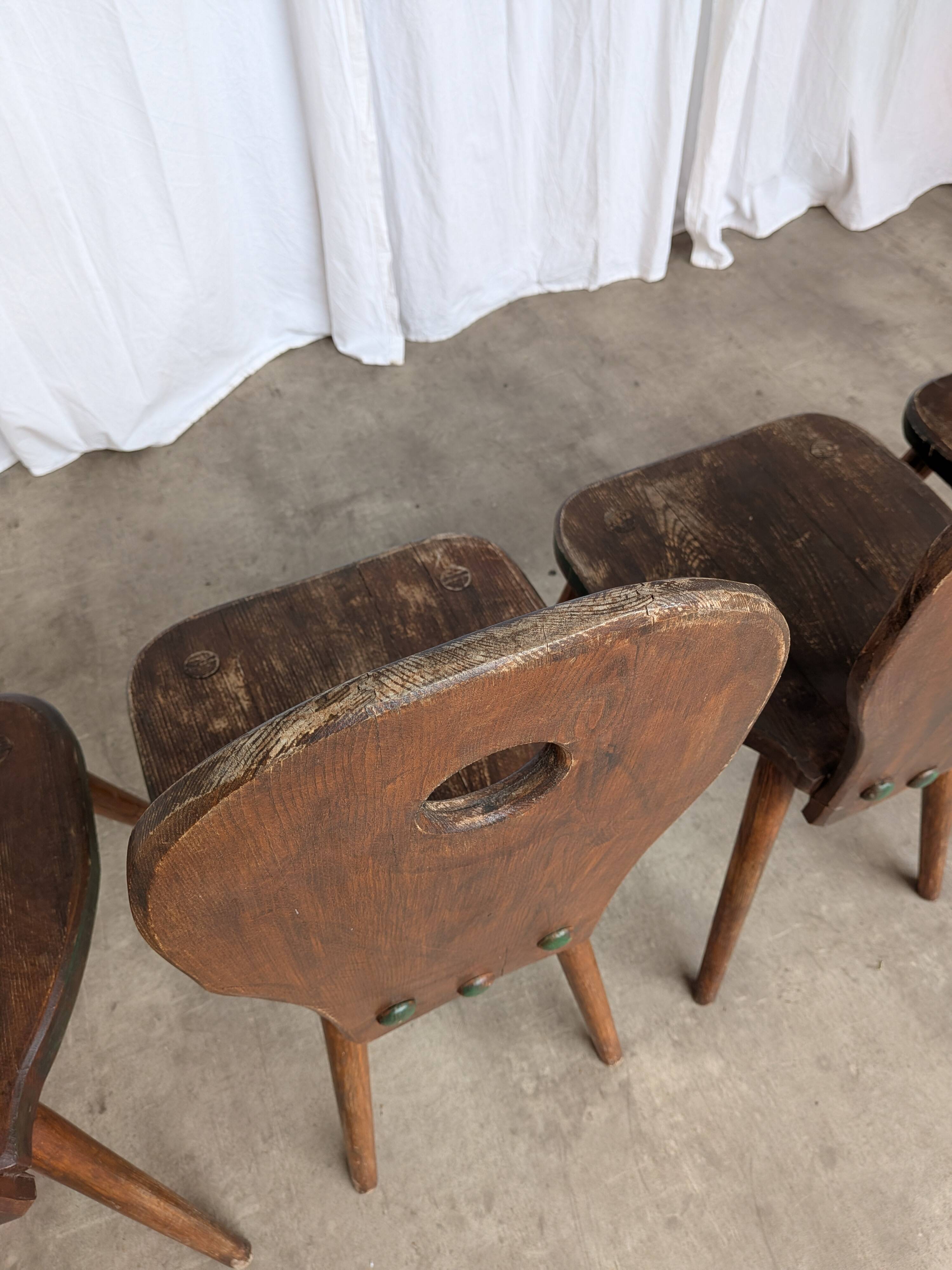 Set of 4 Vintage Brutalist Wooden Chair / Rustic Farmhouse Dining Chair
