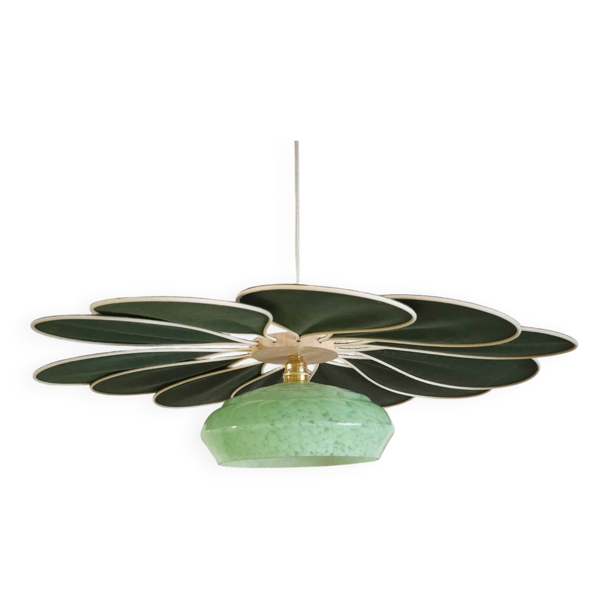 Rattan and Green Linen Flower Pendant Light and Vintage Clichy Glass Globe