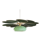 Rattan and Green Linen Flower Pendant Light and Vintage Clichy Glass Globe